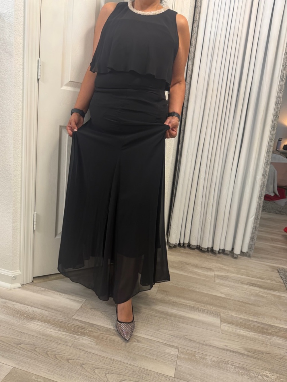 SLNY Elegant Black Dress with pearl accent and flowing chiffon draping. NWOT